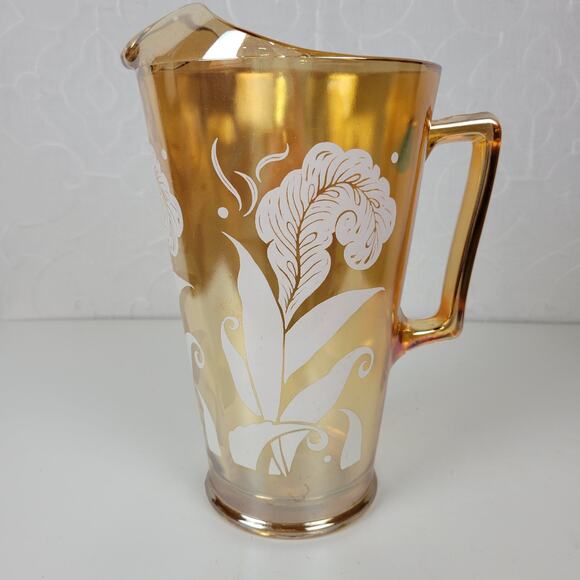 Vintage Jeanette Marigold Pitcher 9" Amber Peach Carnival Glass‎ Feather - Picture 1 of 13